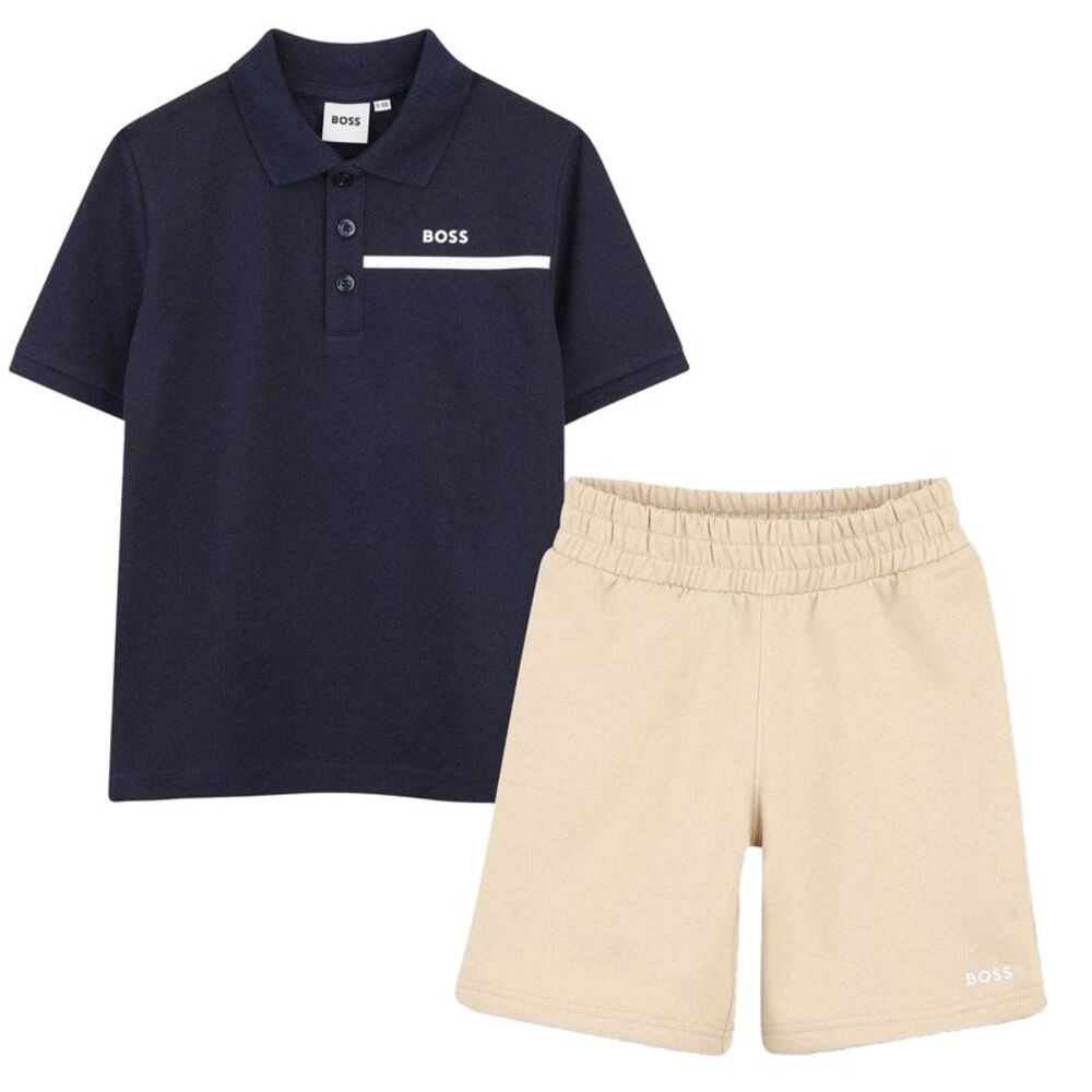 Boss Childrens/Kids Striped Logo Polo and Shorts Set / Navy/Beige